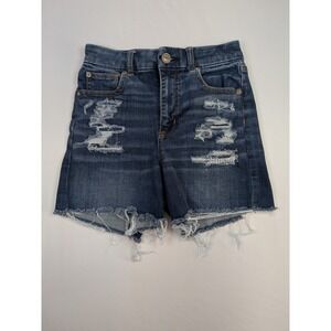 American Eagle Next Level Stretch Curvy Hi Rise Shortie Sz0 Dark Wash Distressed